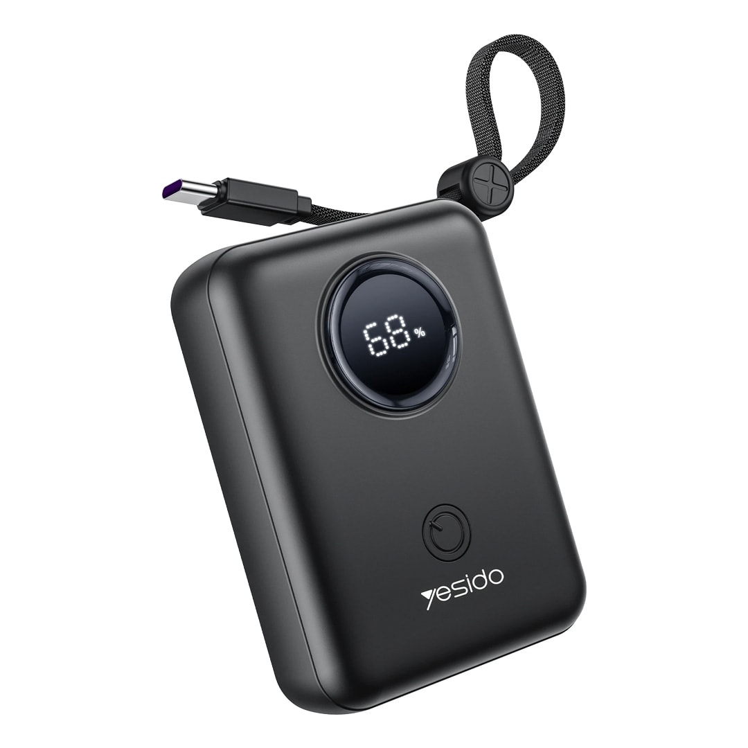 YESIDO YP64 10.000 mAh Dijital Göstergeli Dahili Type-C ve Lightning Kablolu PD Mini Powerbank - Siyah