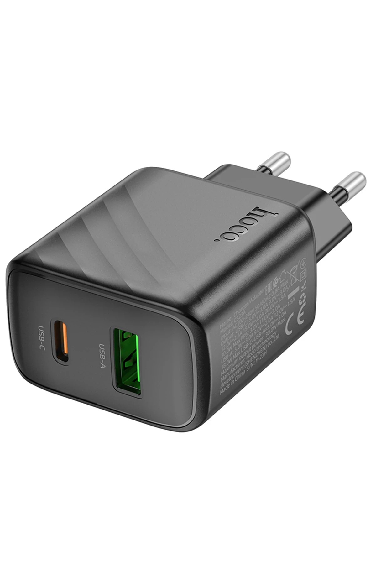 HOCO CS23A Sunlight 30W 1 Adet Type-C ve 1 Adet USB 3.0 QC Çıkışlı PD Hızlı Şarj Aleti - Siyah