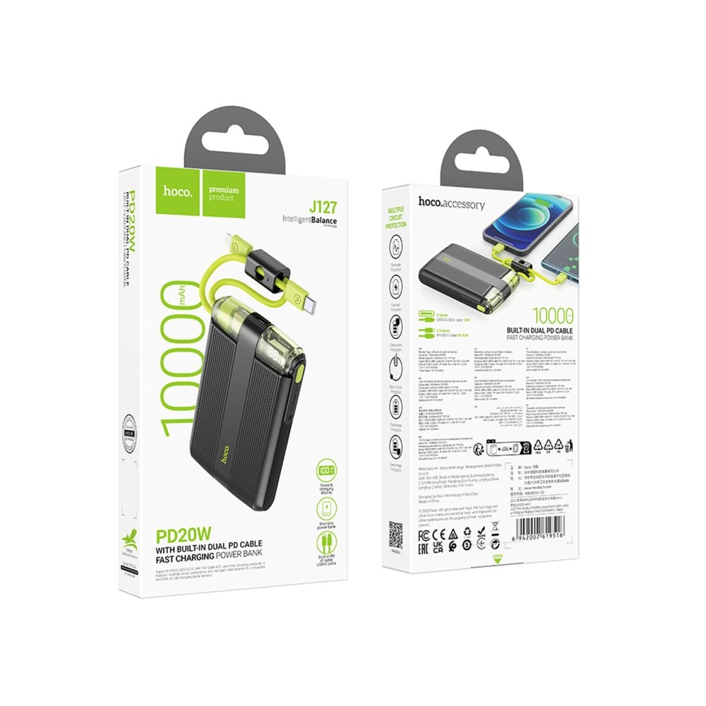 HOCO J127 Dijital Göstergeli Dual Kablolu 20W 10.000 mAh PD Mini Powerbank
