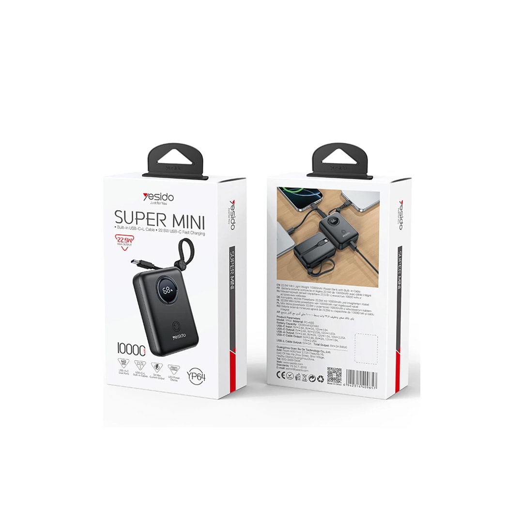 YESIDO YP64 10.000 mAh Dijital Göstergeli Dahili Type-C ve Lightning Kablolu PD Mini Powerbank - Siyah
