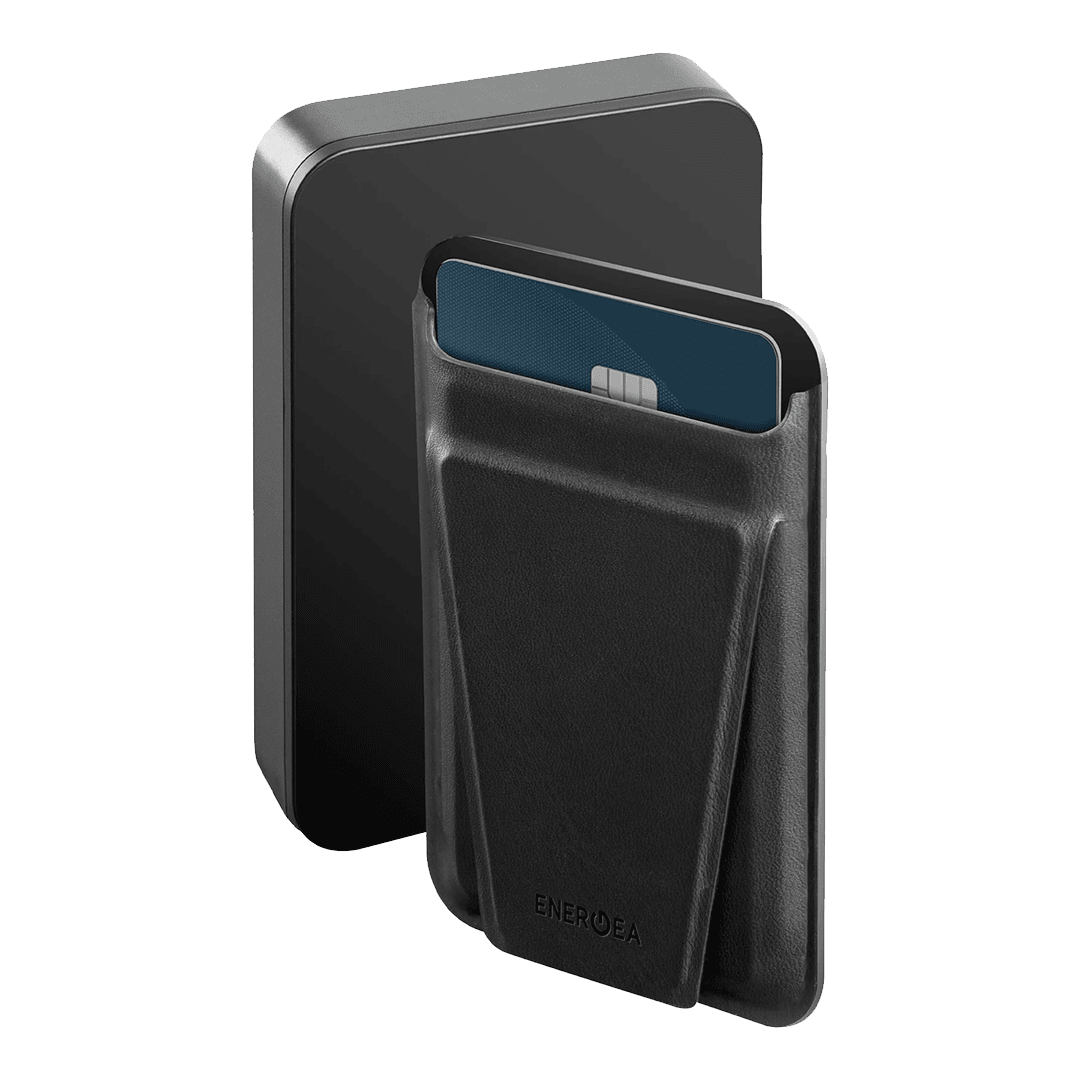 ENERGEA MagWallet Card 10K 10.000 mAh 20W Type-C ve 15W Kablosuz Şarj Çıkışlı Ekstra Stand Özellikli Magsafe Kartlıklı PD Hızlı Şarj Magsafe Powerbank - Koyu Gri