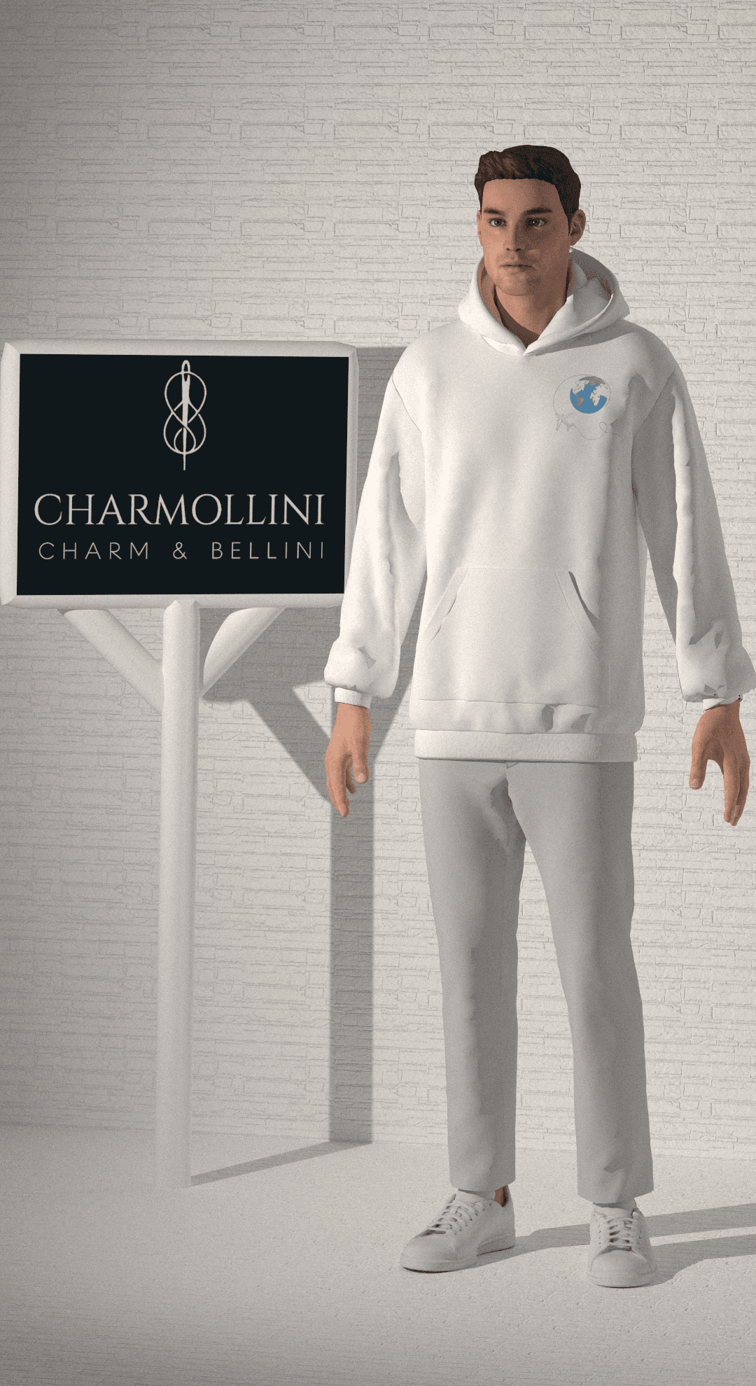 Charmollini Beyaz Minimal Baskı Oversize Hoodie