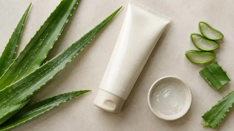 Güneş sonrası bakım losyonu ve taze aloe vera yaprakları — after-sun bakım bağlamı