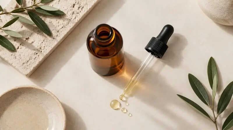 Antioksidan C vitamini serumu ve cam damlalık — ferulik asit ve cilt bağlamı