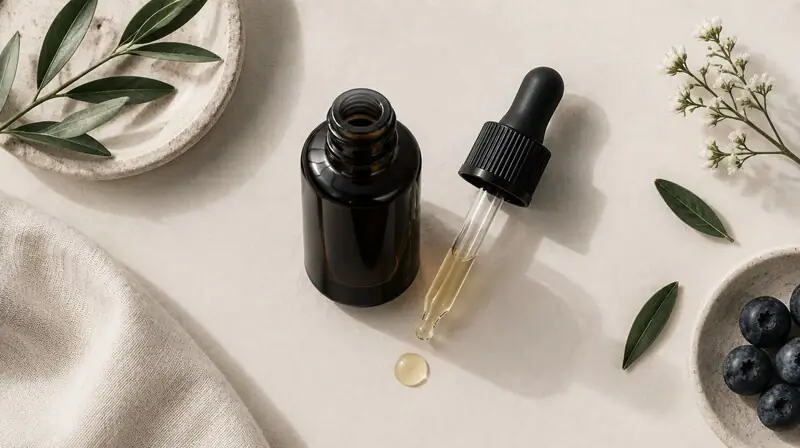 Koyu cam şişede antioksidan gece serumu ve damlalık — resveratrol ve cilt bağlamı