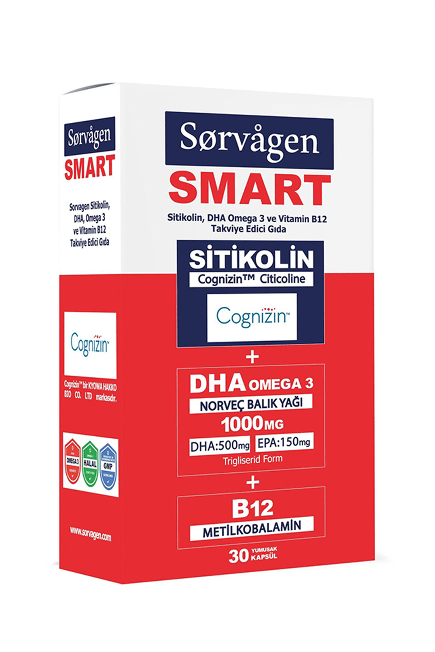 Sorvagen Smart Sitikolin DHA Omega 3 ve B12 30 Kapsül