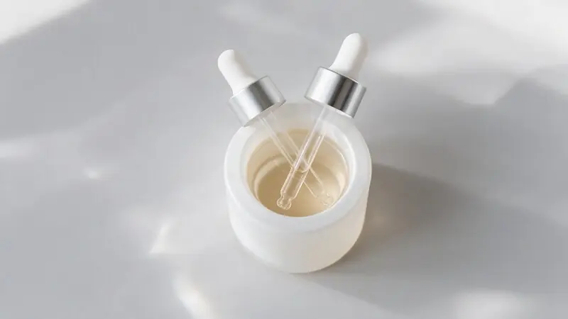 Ton eşitleyici serum şişesi ve cam damlalık — traneksamik asit ve cilt bağlamı