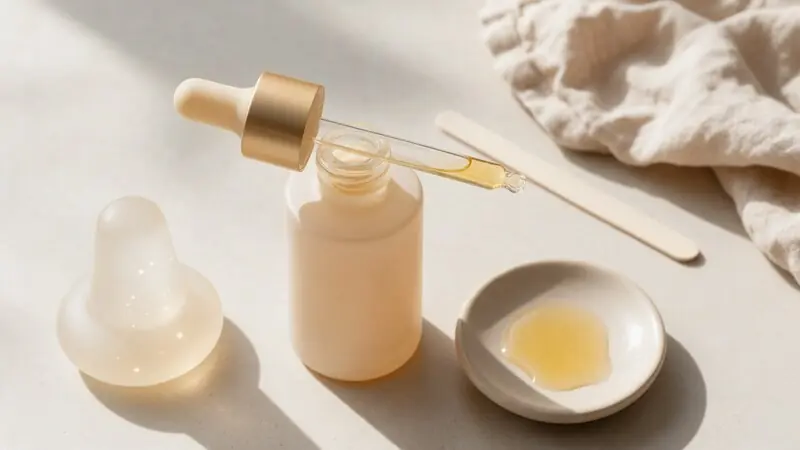 Nazik AHA serum şişesi ve cam damlalık — mandelik asit ve cilt bağlamı