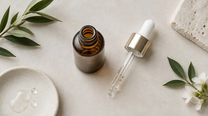 Antioksidan serum şişesi ve cam damlalık — E vitamini ve cilt bağlamı
