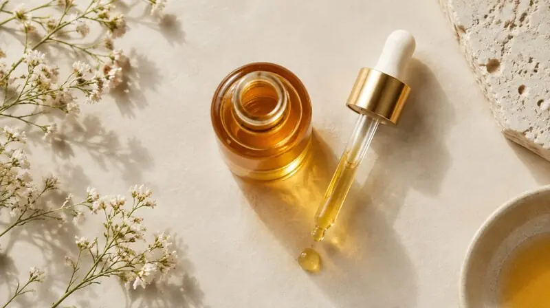 Bal tonlarında yatıştırıcı serum ve damlalık — propolis ve cilt bağlamı
