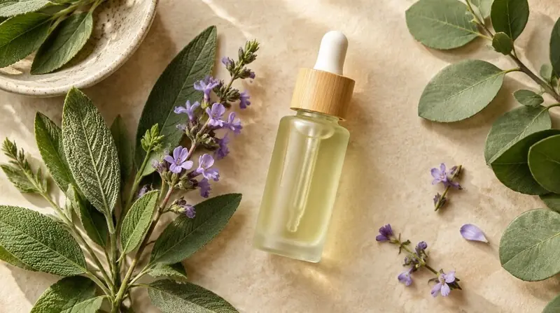 Bakuchiol içeren bitkisel kozmetik serum ve bitki yaprakları — temsili görsel