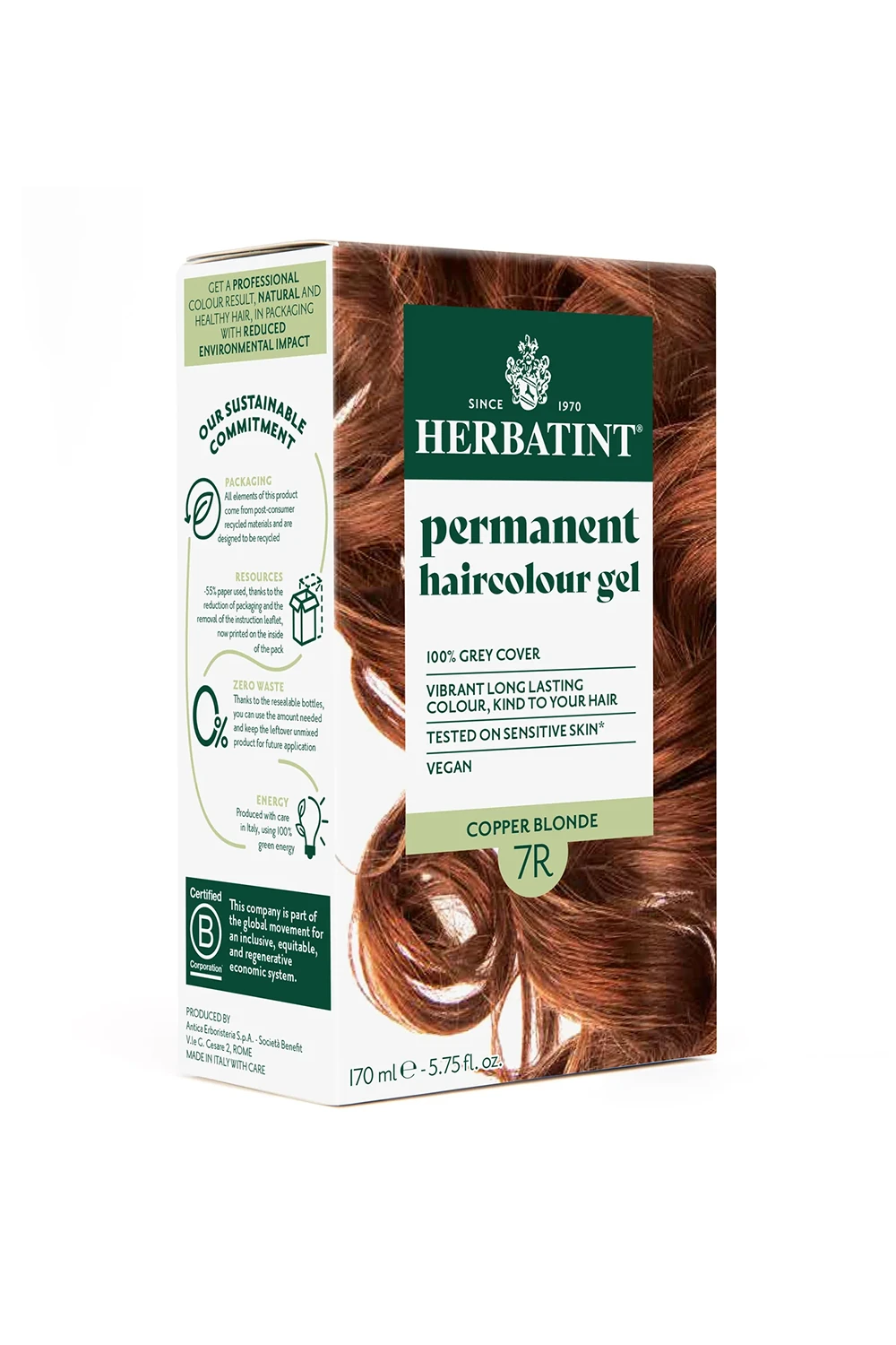 Herbatint Bitkisel Özlü Kalıcı Saç Boyası | Bakır Kumral (Blond Cuivre 7R) 170 ml