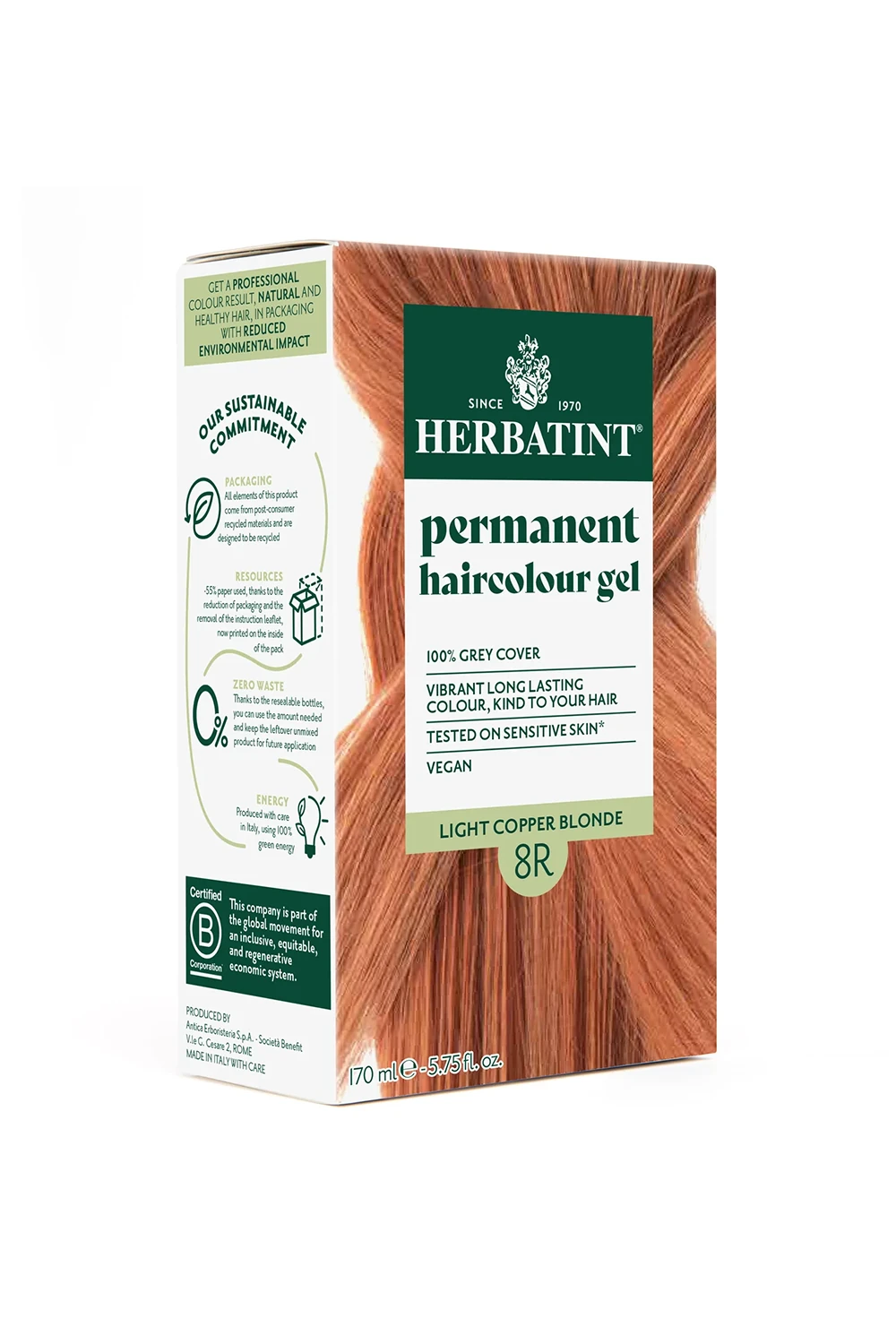 Herbatint Bitkisel Özlü Kalıcı Saç Boyası | Açık Bakır Kumral (Light Copper Blonde 8R) 170 ml