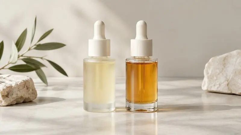 Yan yana iki antioksidan serum şişesi — koenzim Q10 ve resveratrol karşılaştırması