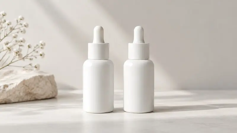 Yan yana iki serum şişesi — kojik asit ve alfa arbutin karşılaştırması