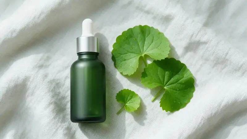 Centella asiatica (cica) yaprakları ve kozmetik bakım ürünü — temsili görsel
