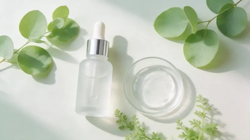 Alfa arbutin içeren aydınlatıcı kozmetik serum ve bitkisel yapraklar — temsili görsel