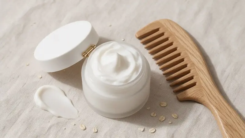 Panthenol içeren saç bakım kremi ve krem dokusu — temsili görsel