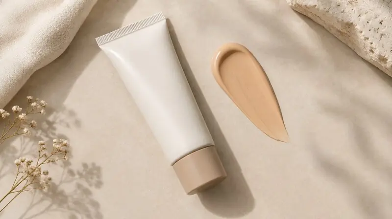 Renkli güneş koruyucu tüpü ve bej tonlu krem dokusu — tinted güneş koruyucu bağlamı