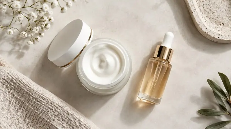 Antioksidan yüz kremi kavanozu ve serum şişesi — koenzim Q10 ve cilt bağlamı