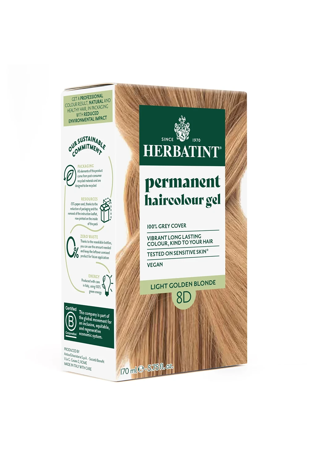 Herbatint Bitkisel Özlü Kalıcı Saç Boyası | Açık Altın Kumral (Light Golden Blonde 8D) 170 ml