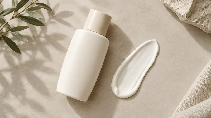 Güneş koruyucu losyon şişesi ve krem dokusu — organik UV filtresi bağlamı