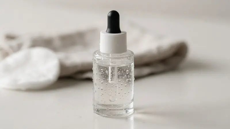 Yan yana iki nemlendirici serum şişesi — hyalüronik asit ve gliserin karşılaştırması