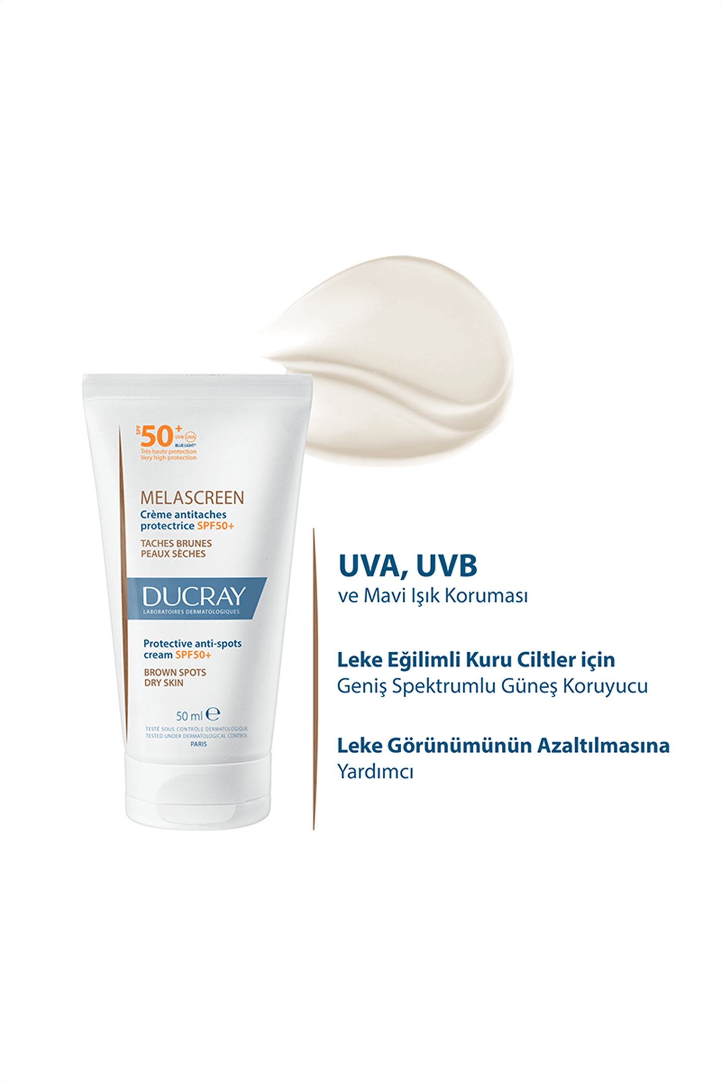 Ducray Melascreen Leke Eğilimli ve Kuru Ciltler İçin Güneş Koruyucu SPF 50+ 50 ml