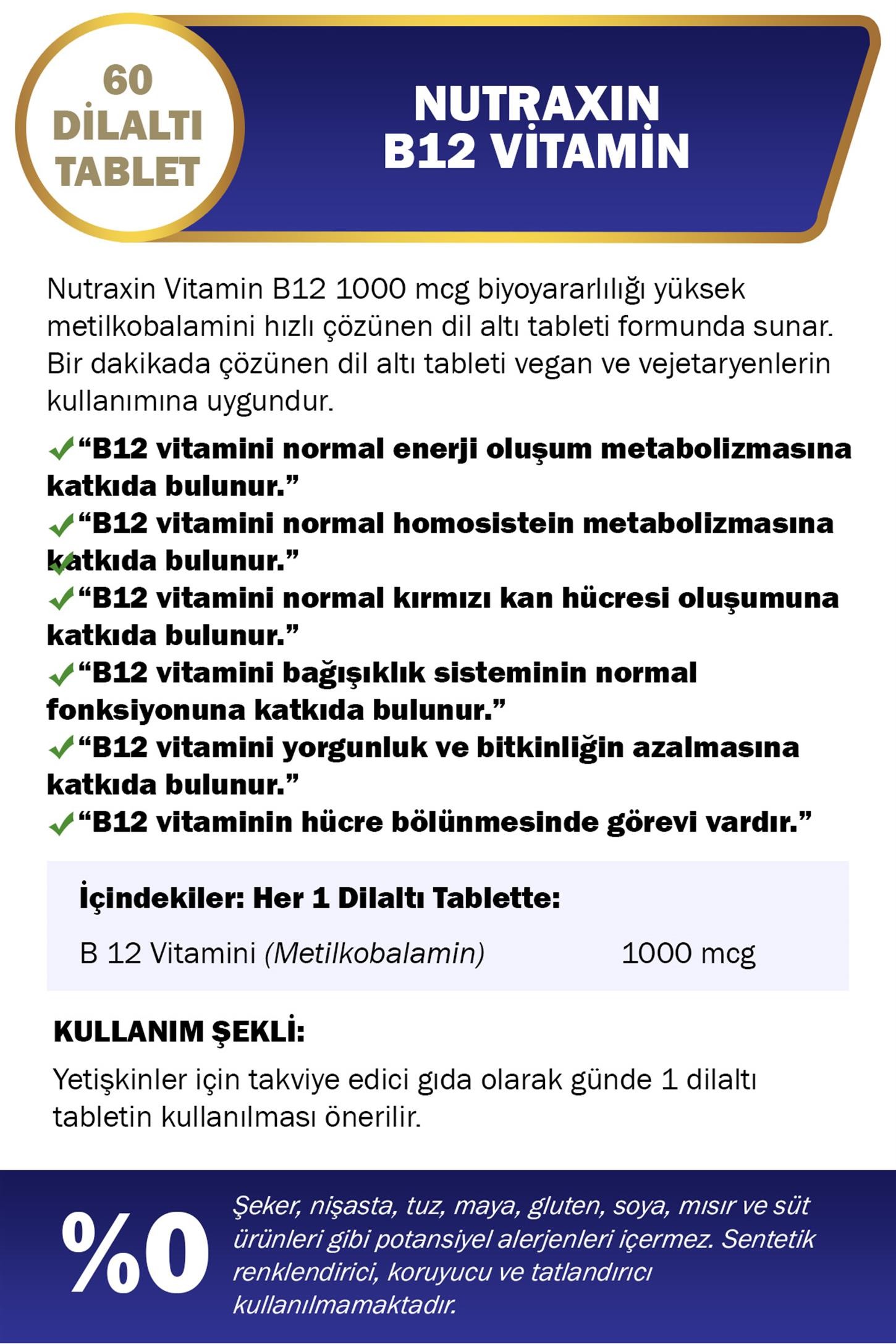 Nutraxin B12 Vitamin 1000 mcg 60 Dilaltı Tablet