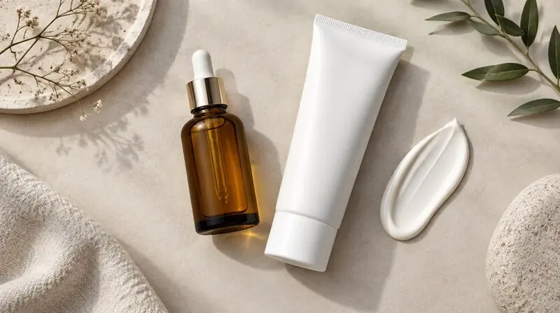 Antioksidan serum şişesi ve güneş koruyucu tüpü — antioksidan ve SPF birlikteliği bağlamı
