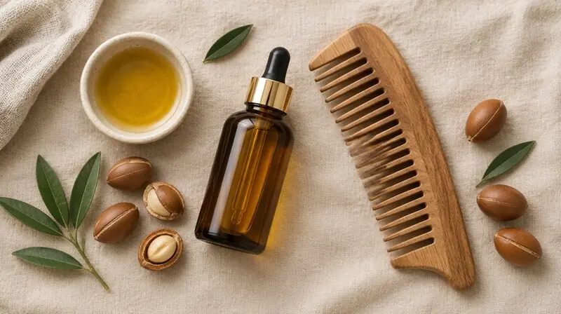 Argan yağı şişesi, tahta tarak ve argan çekirdekleri — saç yağı bakımı bağlamı