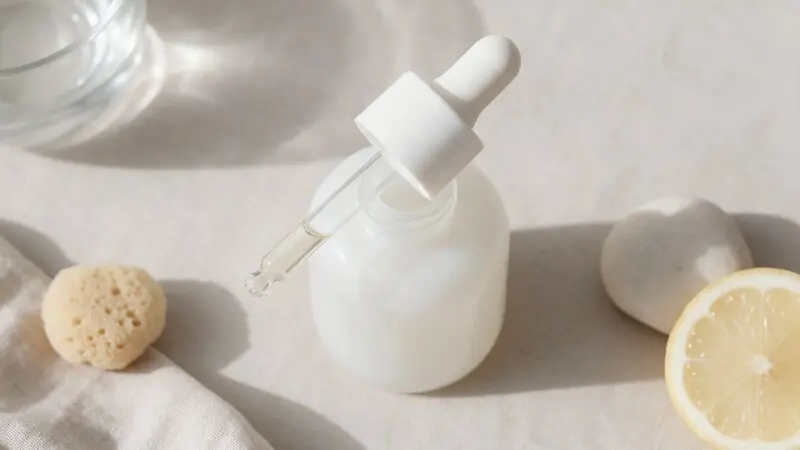Nazik AHA serum şişesi ve cam damlalık — laktik asit ve cilt bağlamı