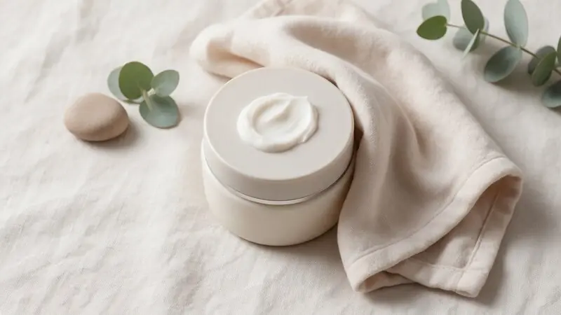 Allantoin içeren yatıştırıcı nemlendirici krem ve pamuklu bez — allantoin ve yatıştırma bağlamı