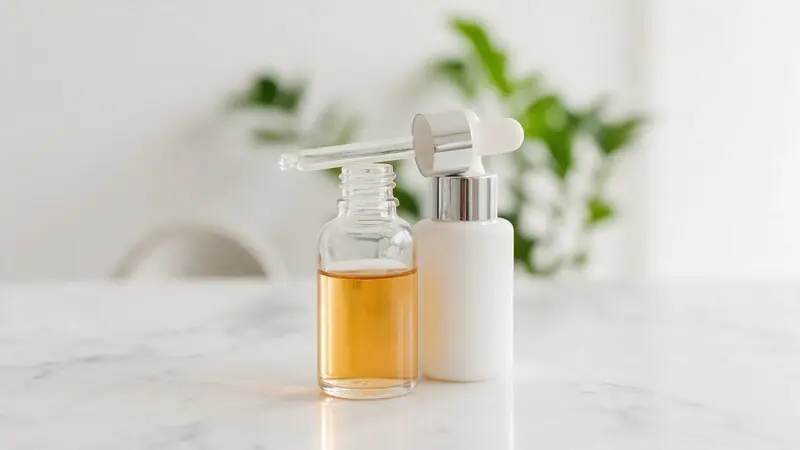 Yan yana iki serum şişesi ve cam damlalık — niasinamid ve C vitamini karşılaştırması
