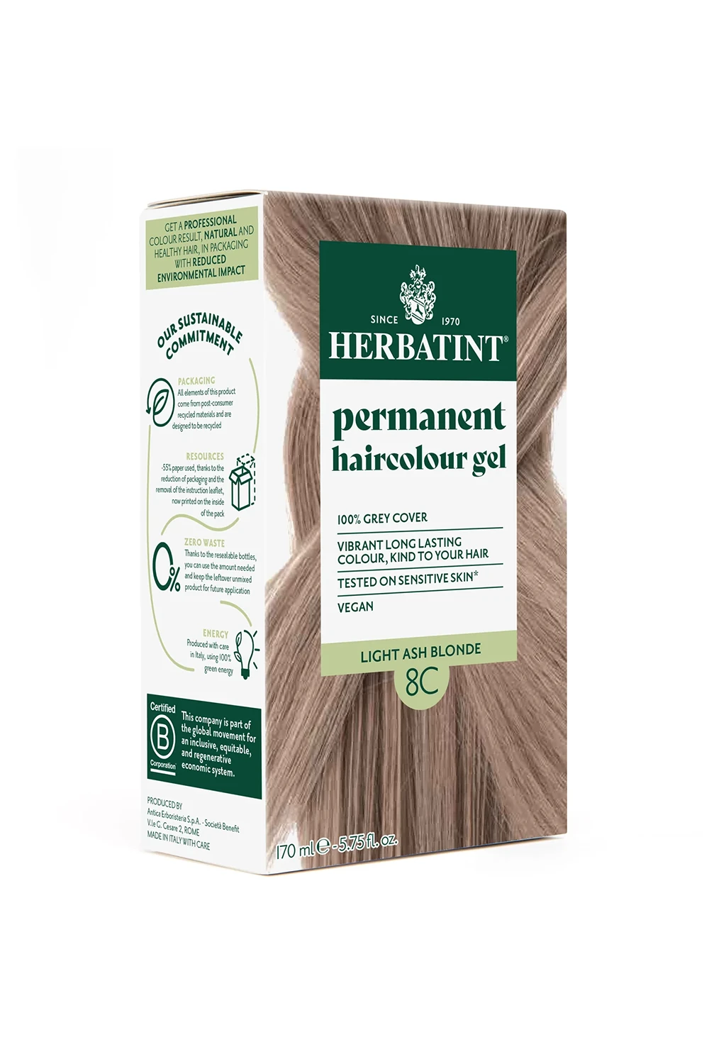 Herbatint Bitkisel Özlü Kalıcı Saç Boyası | Açık Küllü Kumral (Light Ash Blonde 8C) 170 ml