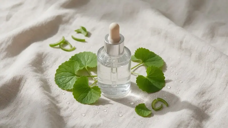 Madecassoside/cica içeren yatıştırıcı serum ve yeşil yapraklar — madecassoside ve yatıştırma bağlamı