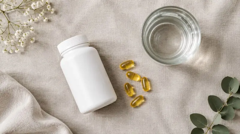 Takviye şişesi, kapsüller ve bir bardak su — biotin takviyesi bağlamı