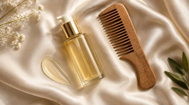 Keratin içeren saç onarıcı bakım ürünü ve saten kumaş — temsili görsel