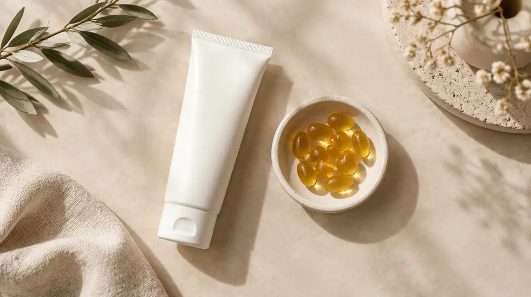 Güneş koruyucu tüpü ve D vitamini kapsülleri — güneş koruyucu ve D vitamini bağlamı