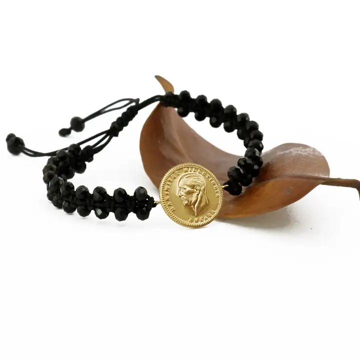 Ata Yarım Liralı Siyah Boncuklu İpli Bileklik