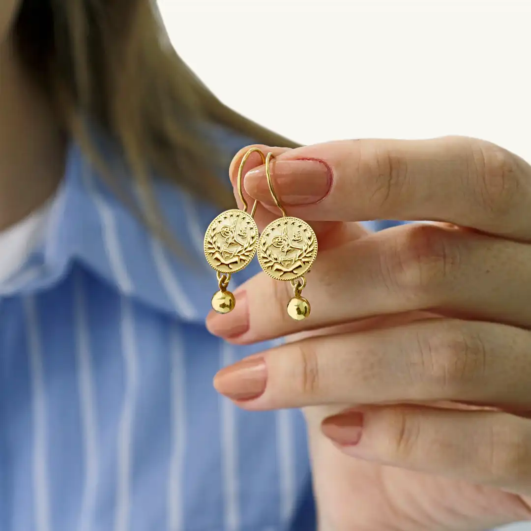 Reşat Baskı Lira Coin Gold Earrings 14 K