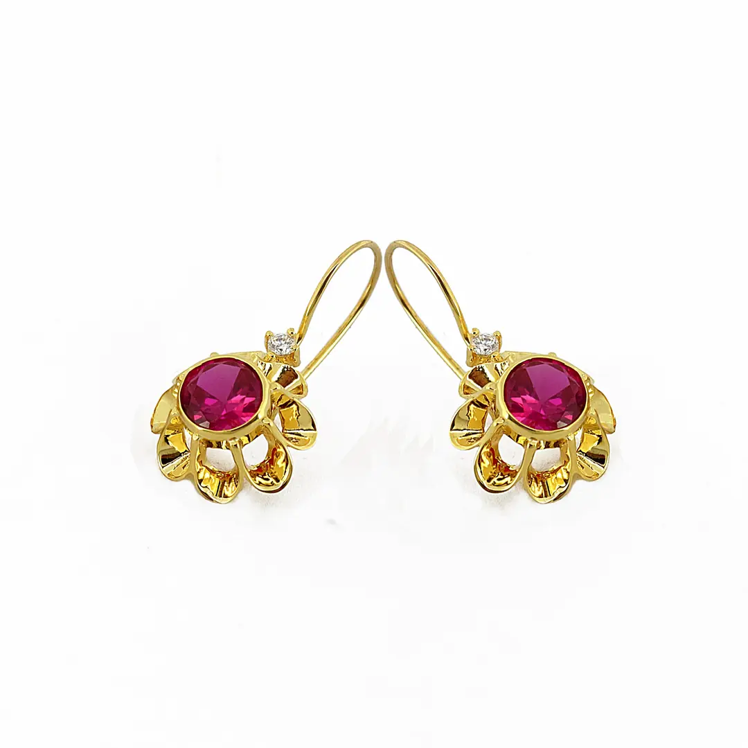 Red Stone-set Flower Gold Earrings
