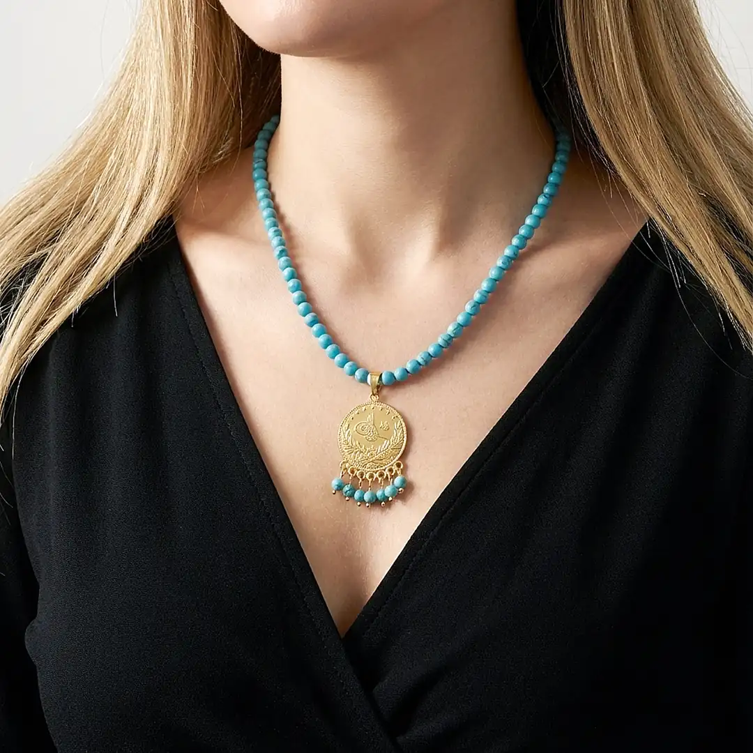Reşat Half Lira Coin Turquoise Stone-set Necklace
