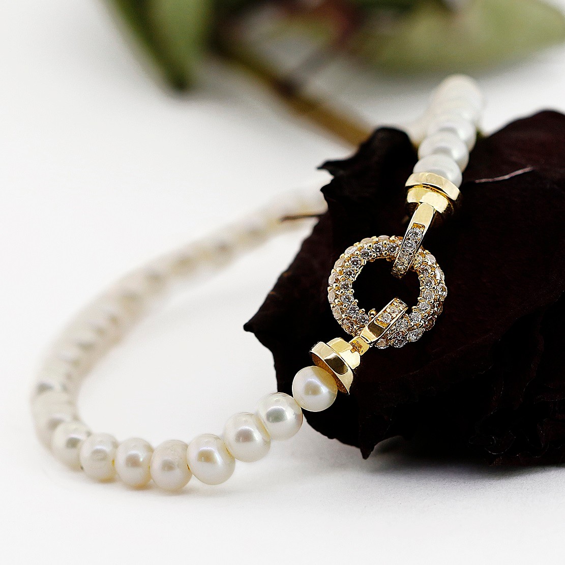 Pearl & White Stone Gold Ring Bracelet