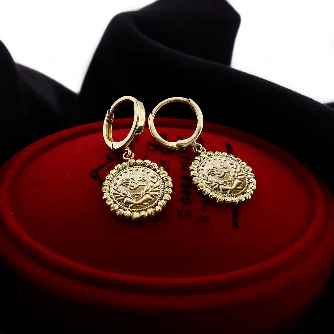Reşat Baskı Lira Coin Gold Earrings 14 K