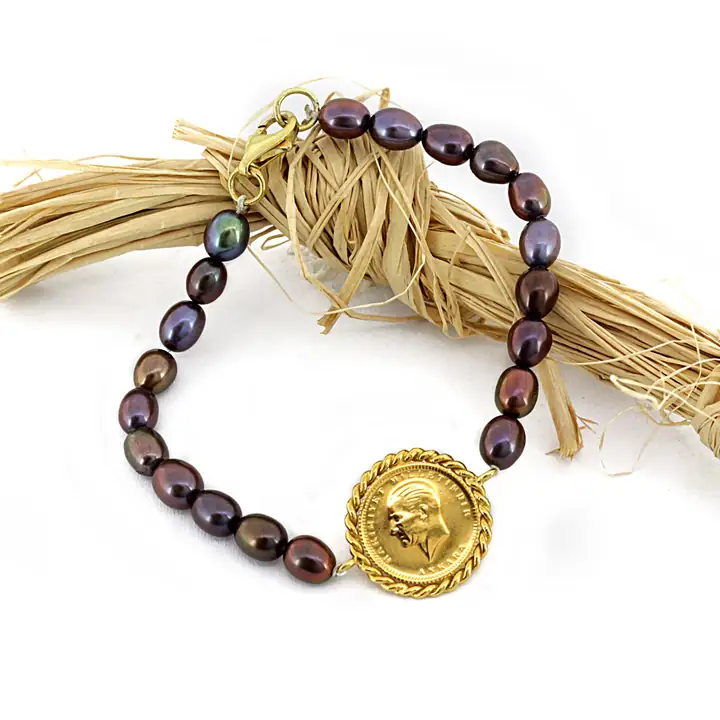 Siyah İnci Ata Çeyrek Liralı Burgu Çerçeve Bileklik