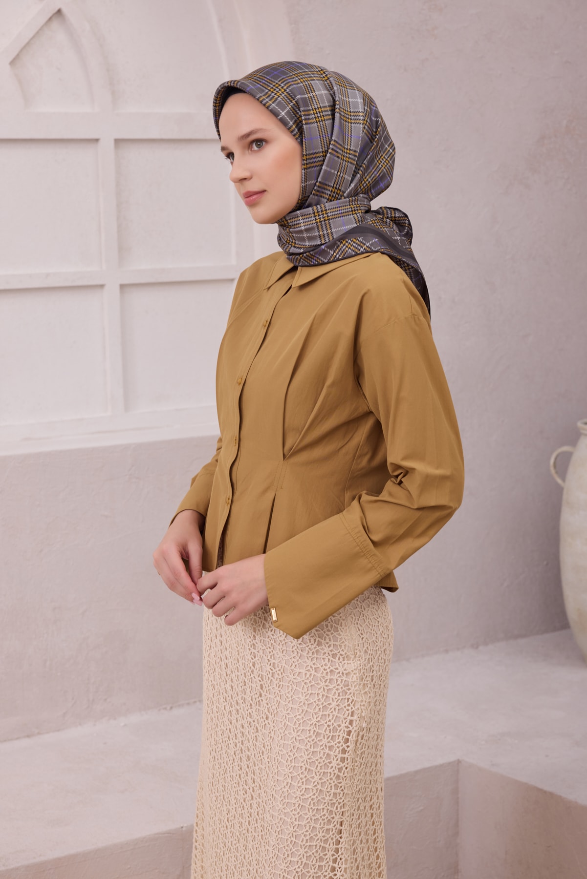 Belli Ekose Desen İpek Twill Eşarp 4218D01