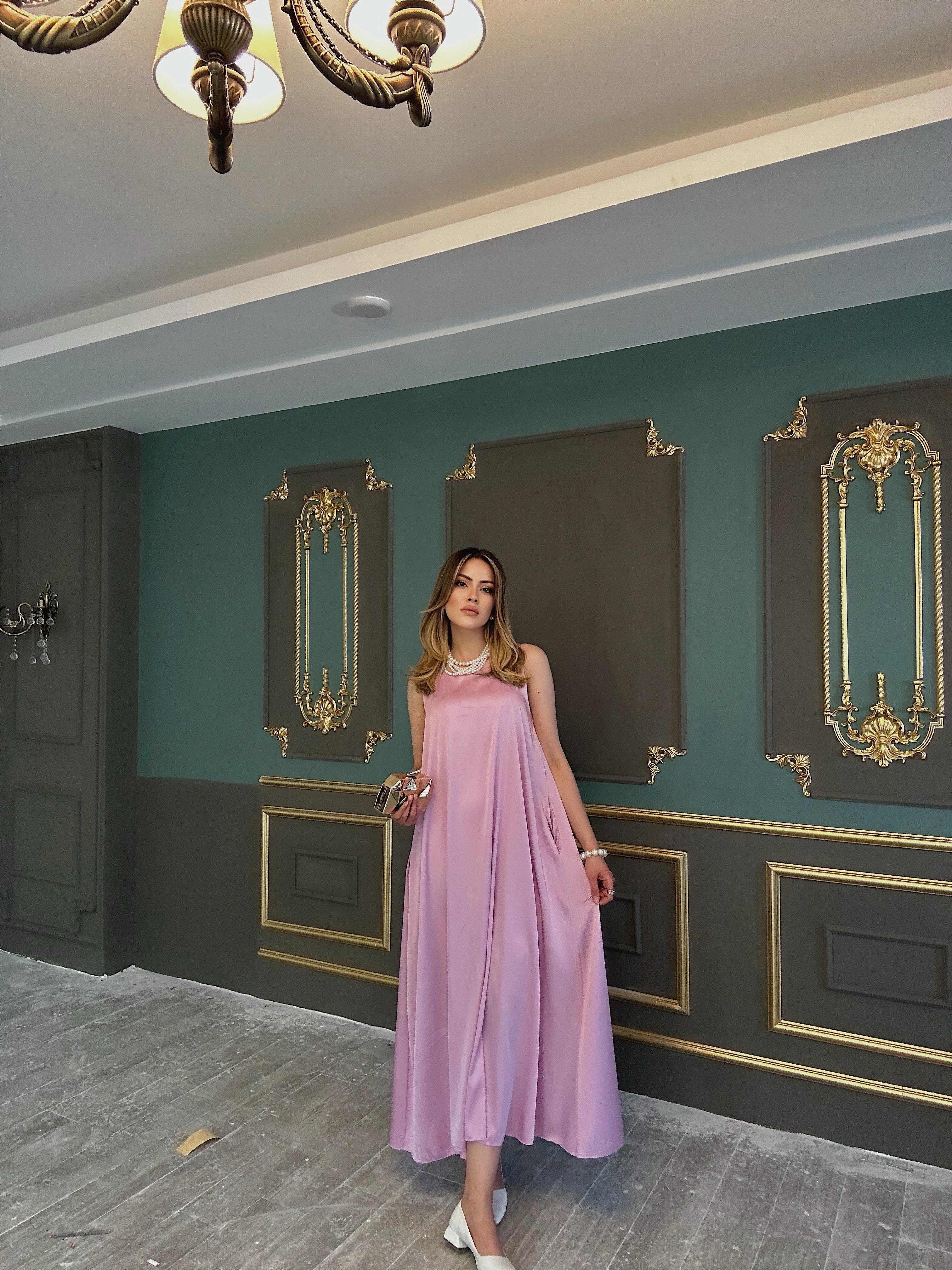 Pembe Pastel A Kesim Saten Maxi Elbise