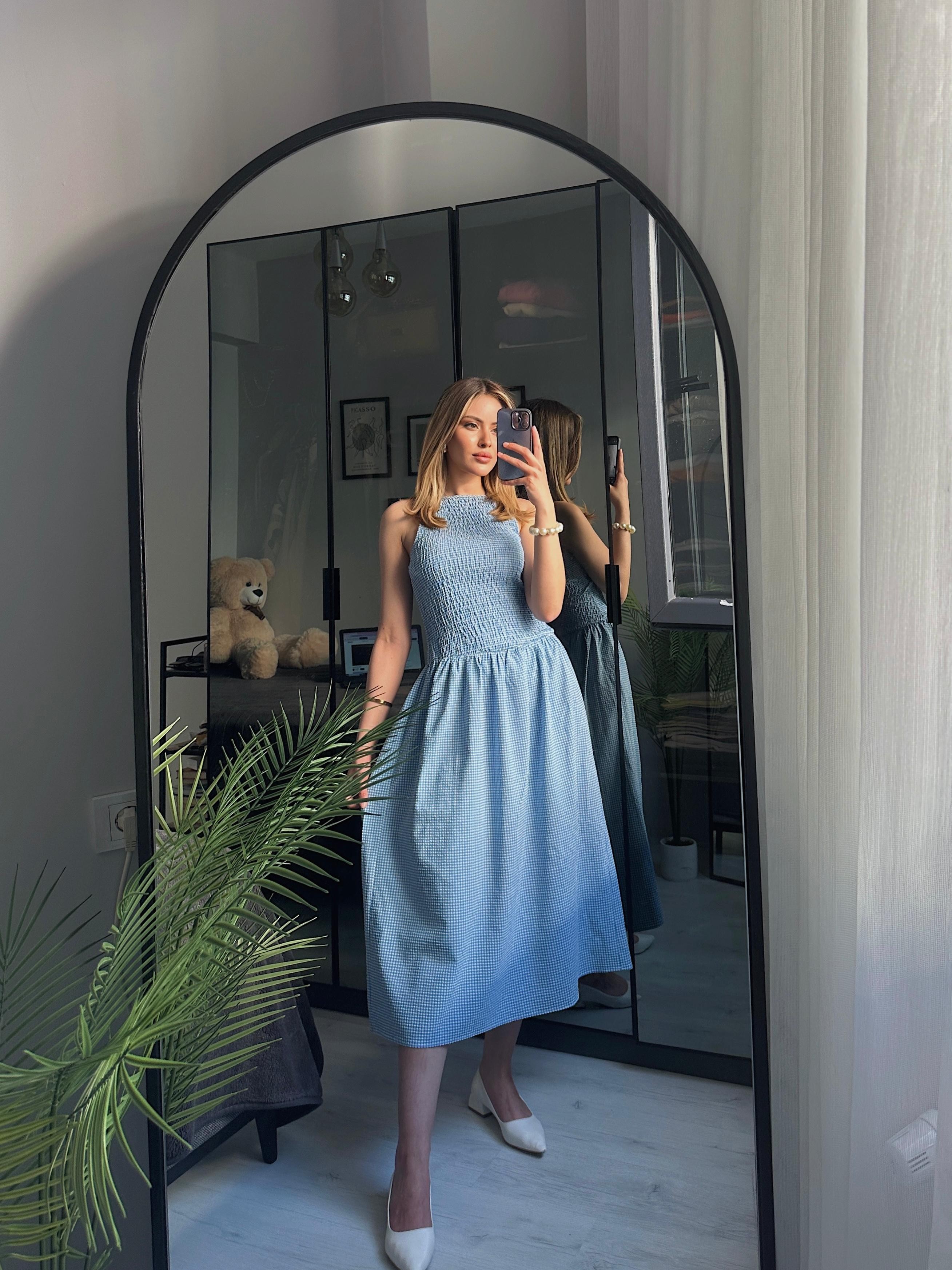 Büzgü Detaylı Bebe Mavi Yazlık Elbise-Bella Gingham 