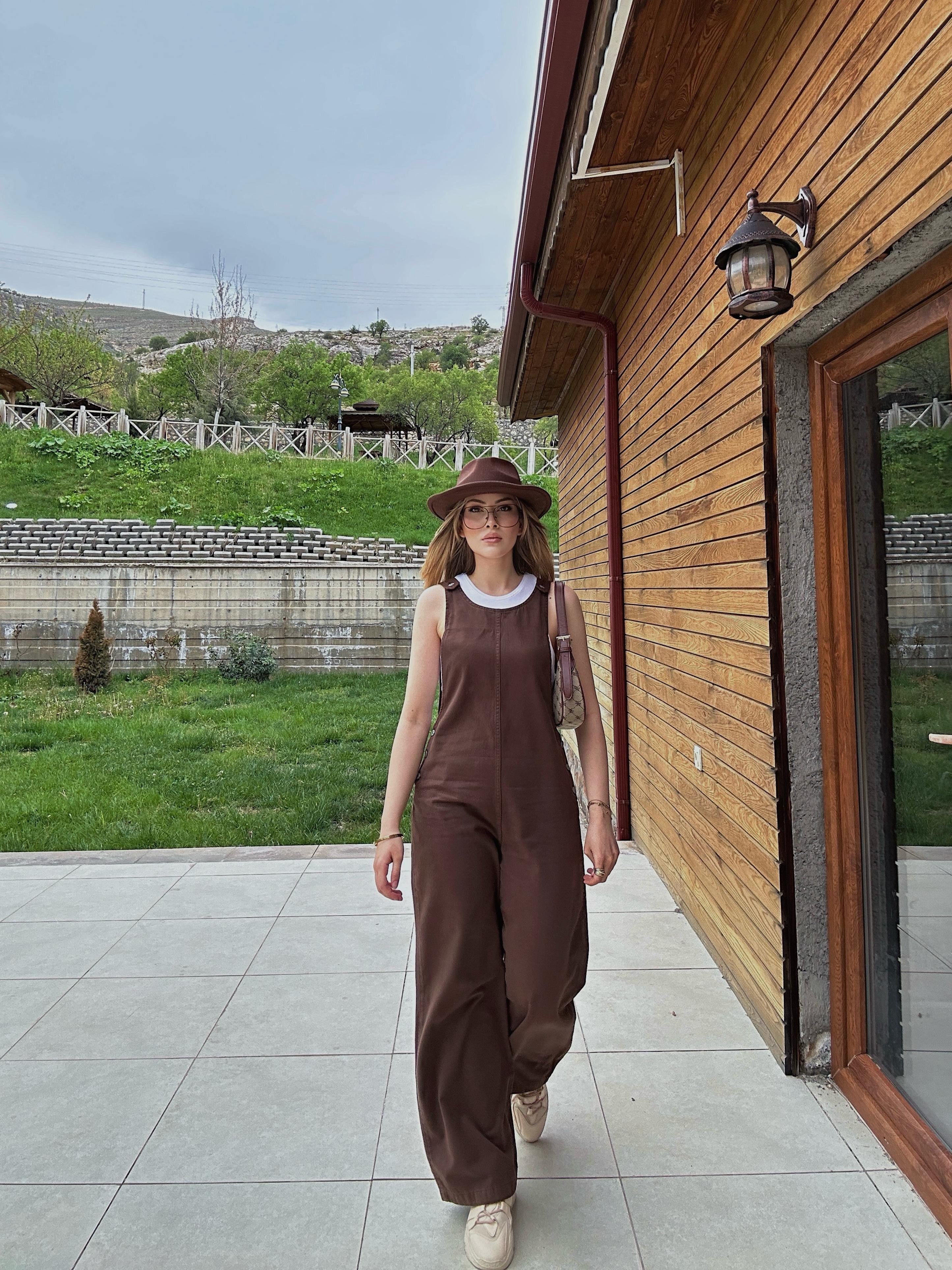 Kahverengi Yüksek Bel-Geniş Paça Denim Tulum